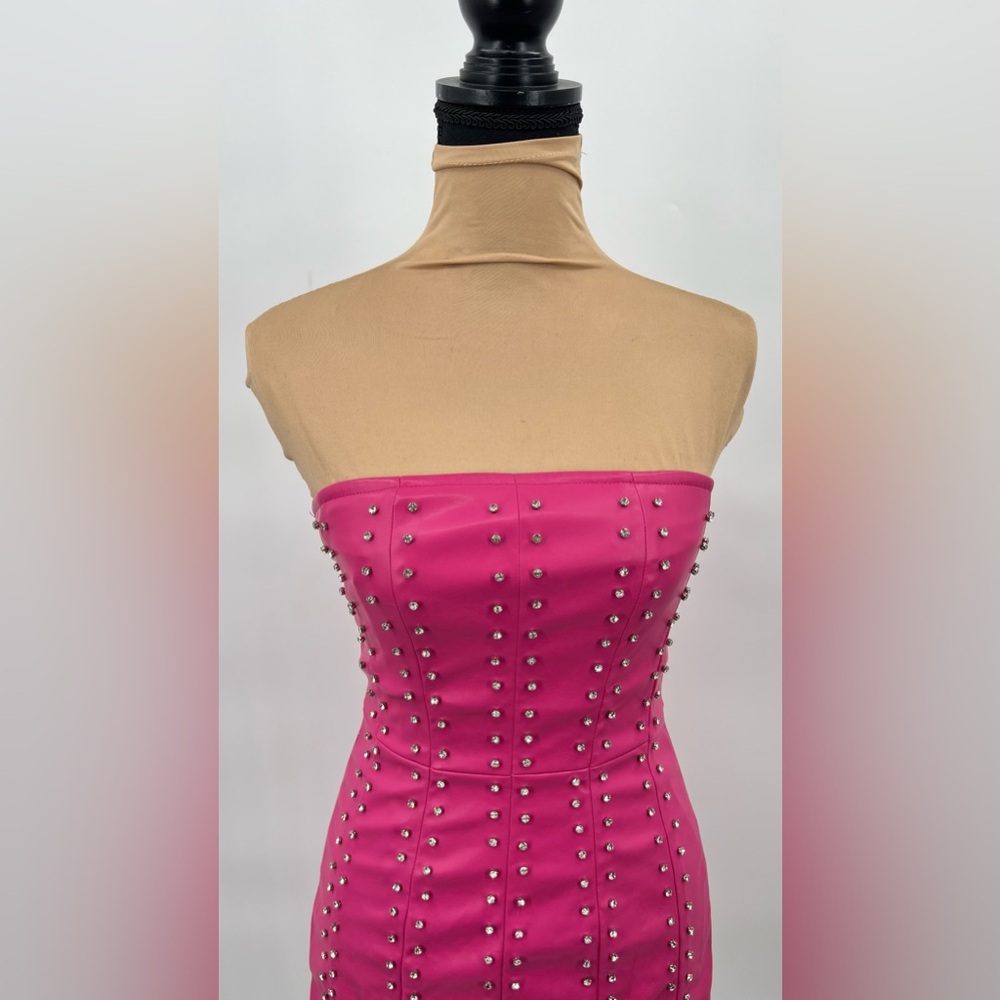 Faux leather hot pink rhinestone mini dress S Barbiecore party club Vegas Bday - Picture 6 of 16